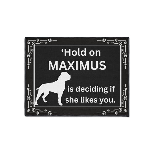 Personalized Pet Doormat - “Hold on [Pet Name] is deciding if she likes you” Heavy Duty Floor Mat