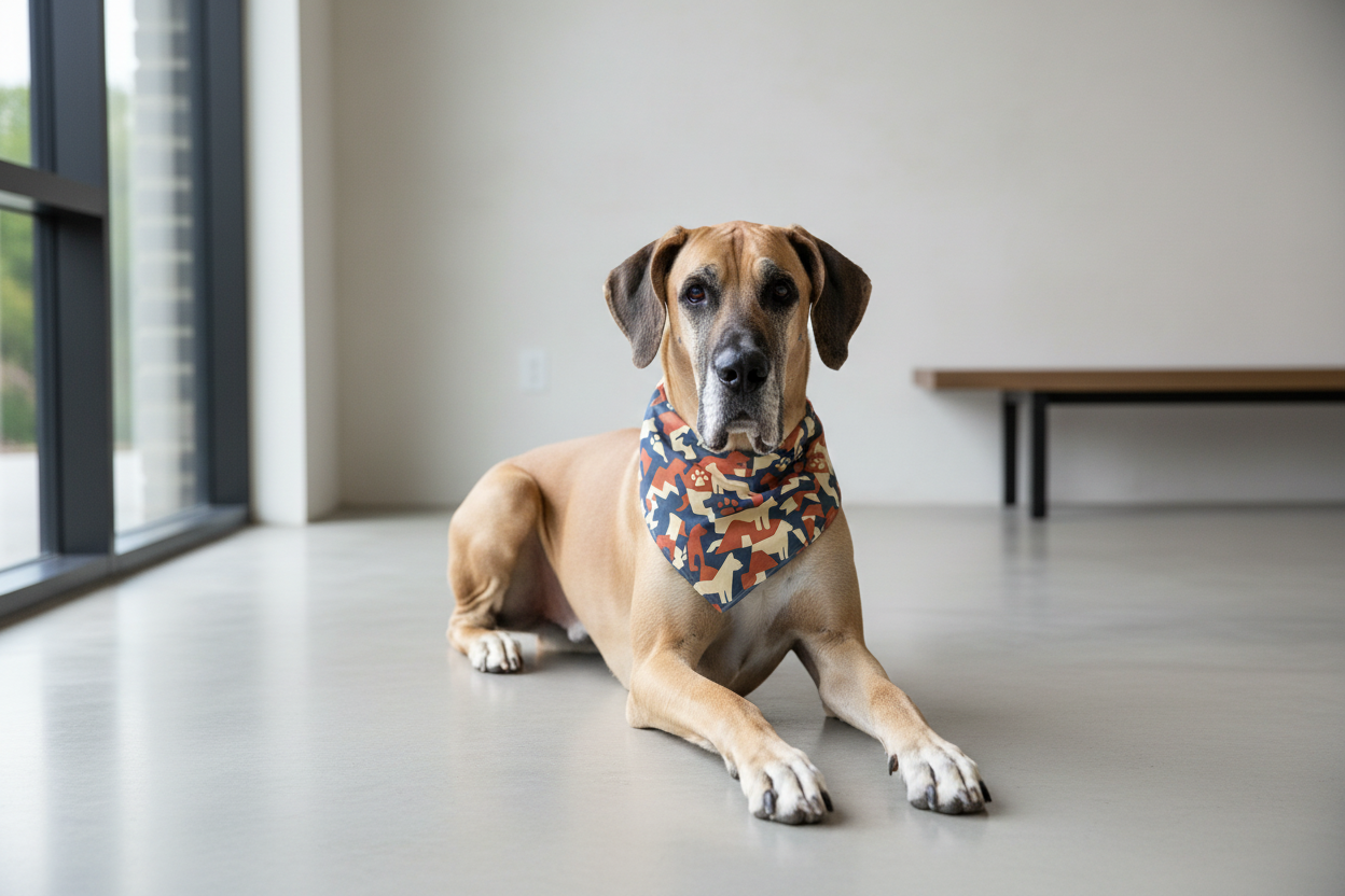 Great Dane in minimalist interior wearing Pet Tribe bandana