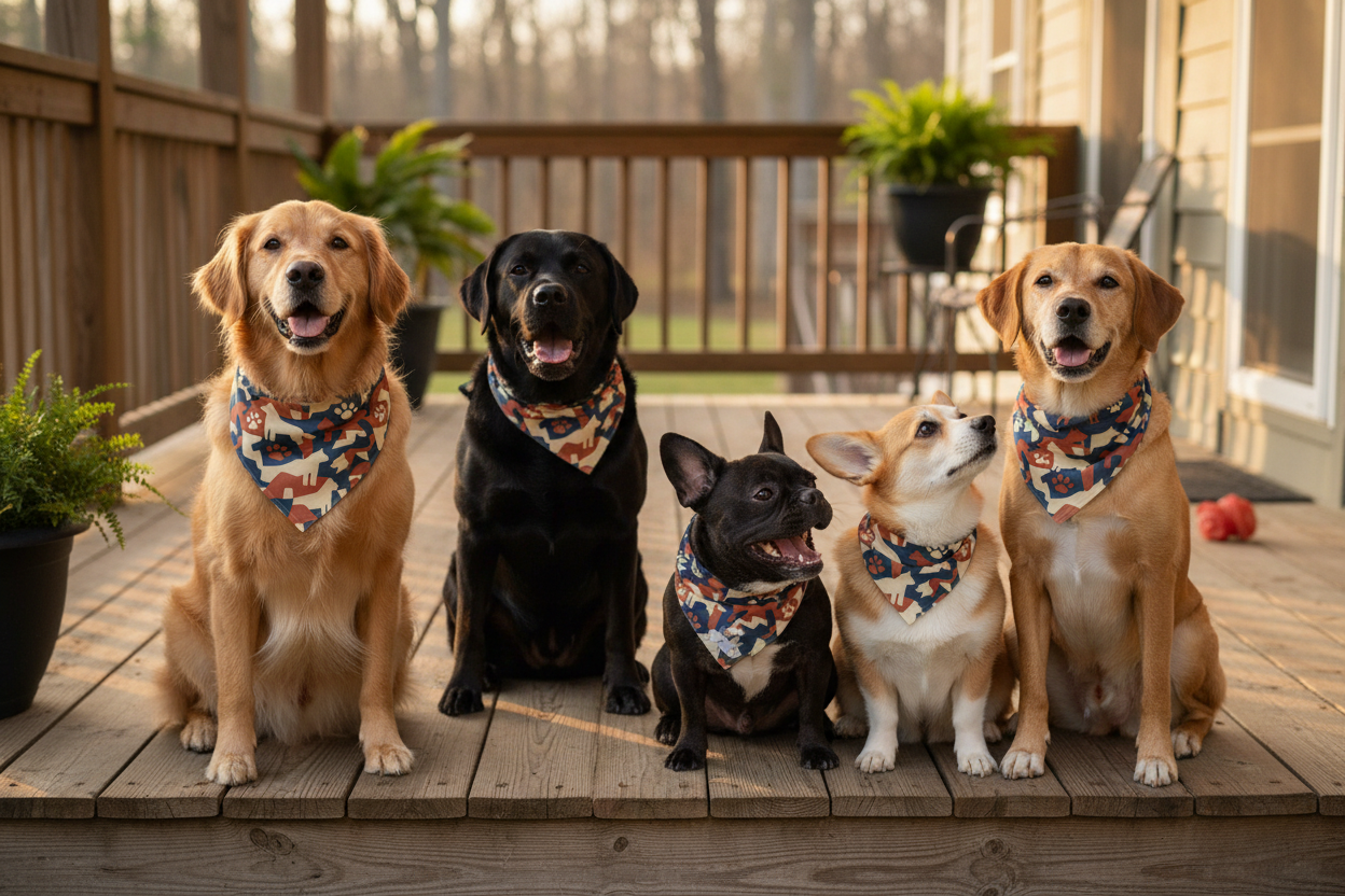 Group of dogs wearing Pet Tribe bandanas together