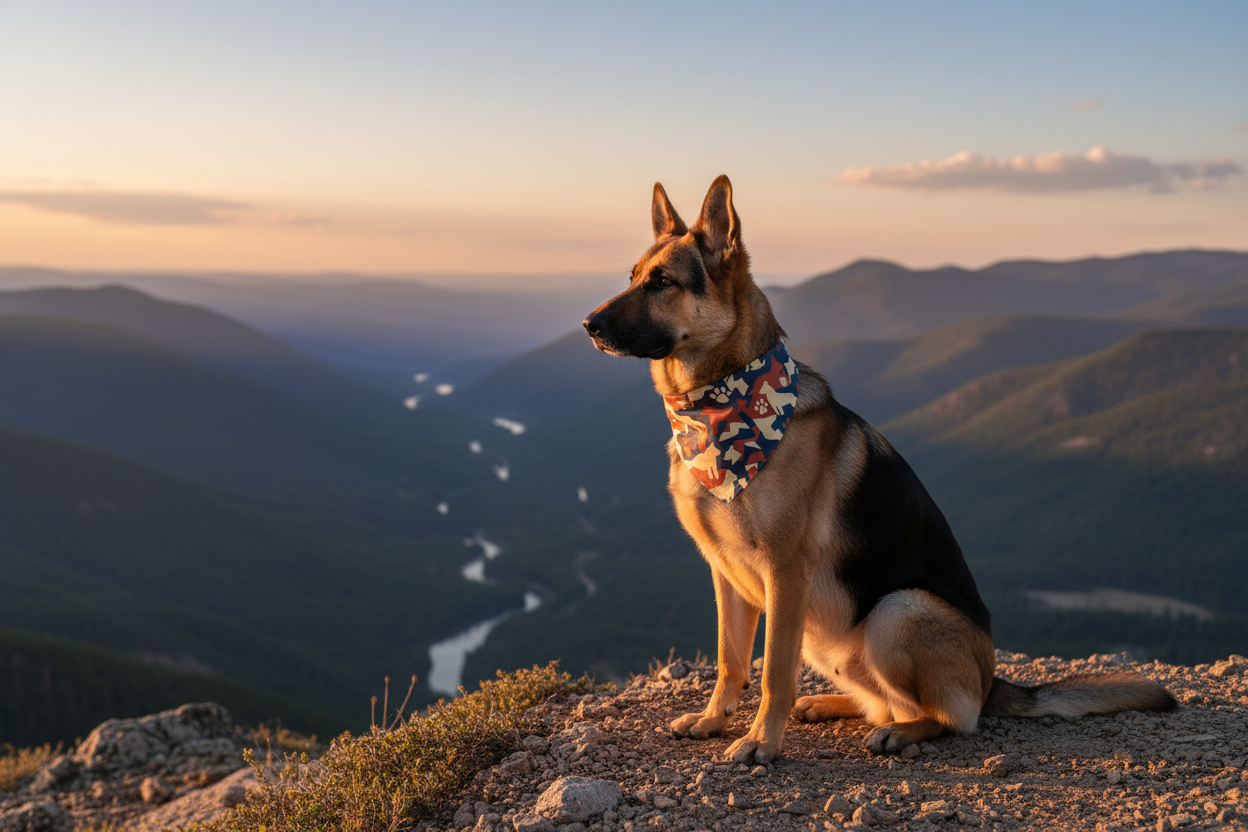 German Shepherd on mountain wearing Pet Tribe bandana