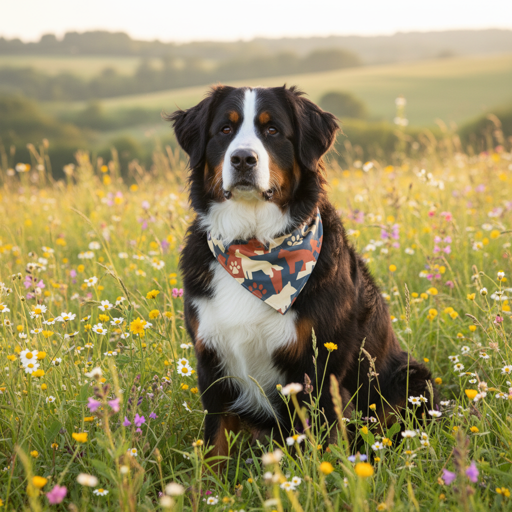 Bernese Mountain Dog in meadow wearing Pet Tribe bandana