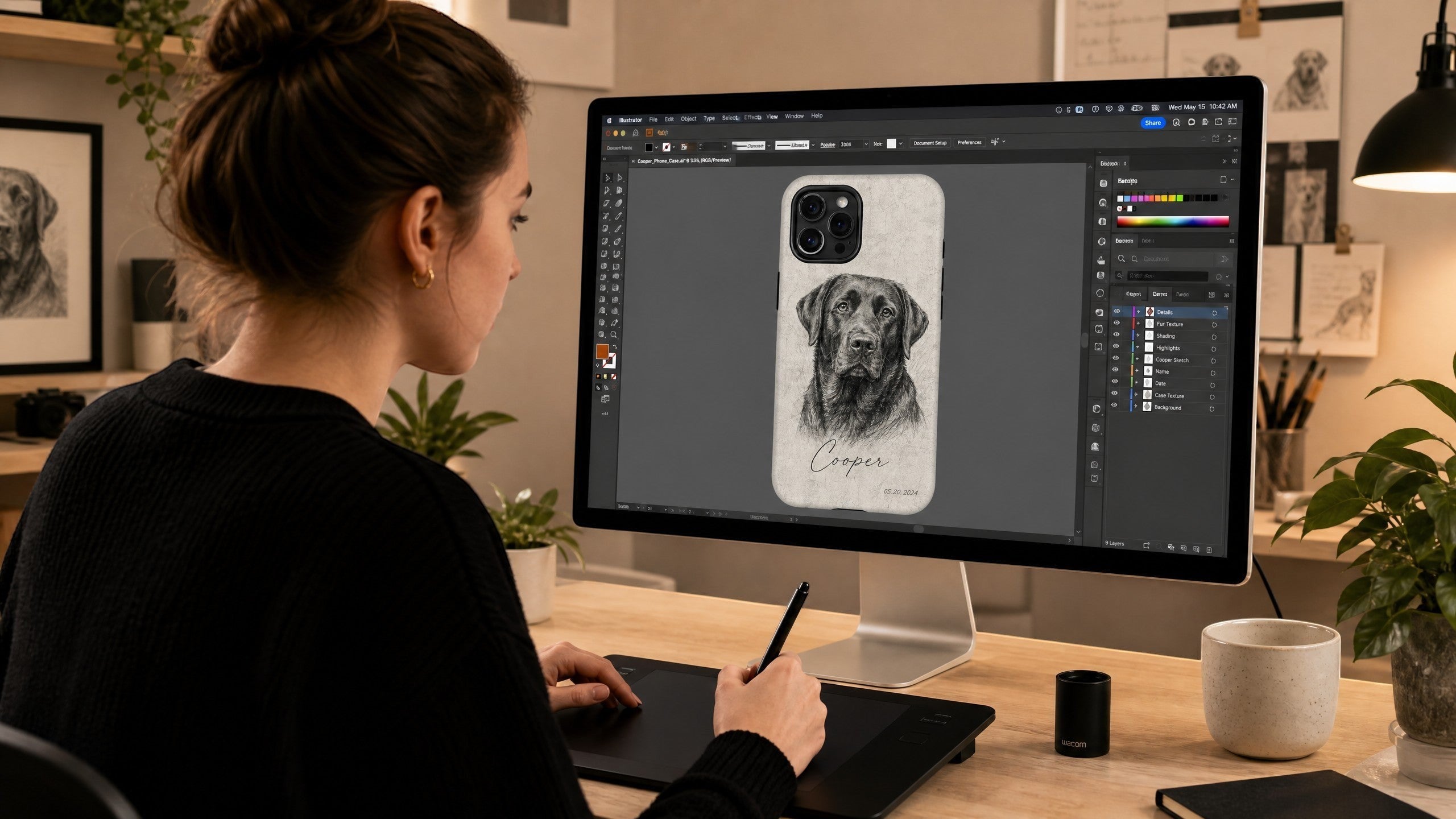 Noble&Tail custom phone case featuring a black Labrador sketch portrait named Cooper with a date.
