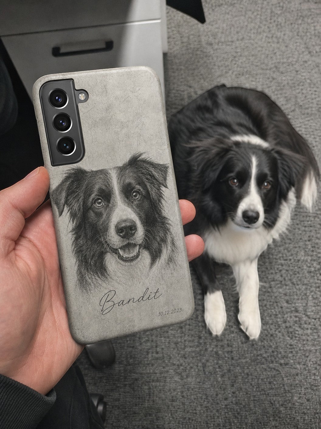 Noble&Tail custom sketch phone case featuring a Border Collie portrait named Bandit with a date.