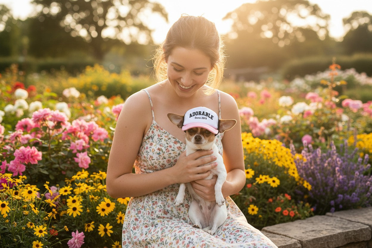 Noble&Tail white trucker hat with pink brim on a small dog, embroidered "ADORABLE Since 2022"