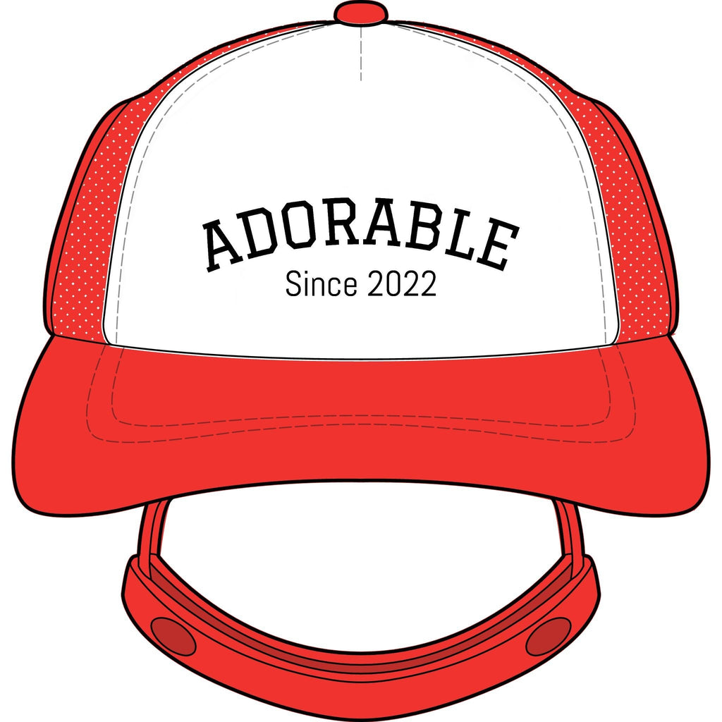 Noble&Tail red and white trucker hat for dogs with "Adorable Since 2022" text and ear holes.