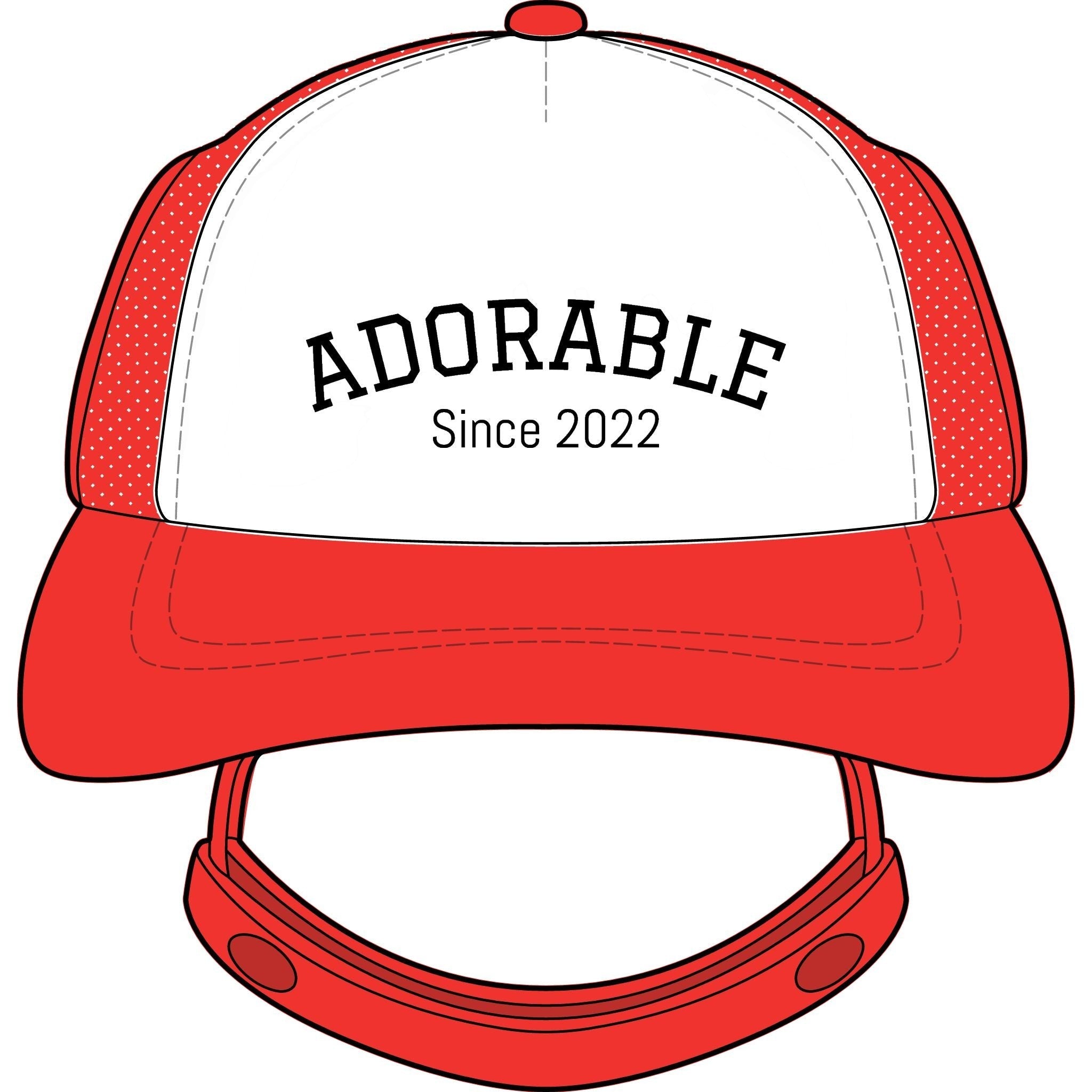 Noble&Tail red and white trucker hat for dogs with "Adorable Since 2022" text and ear holes.