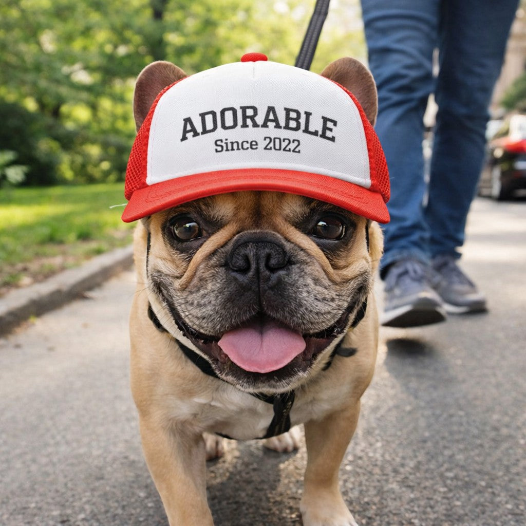 Noble&Tail red and white trucker hat with "ADORABLE Since 2022" text on a French bulldog.