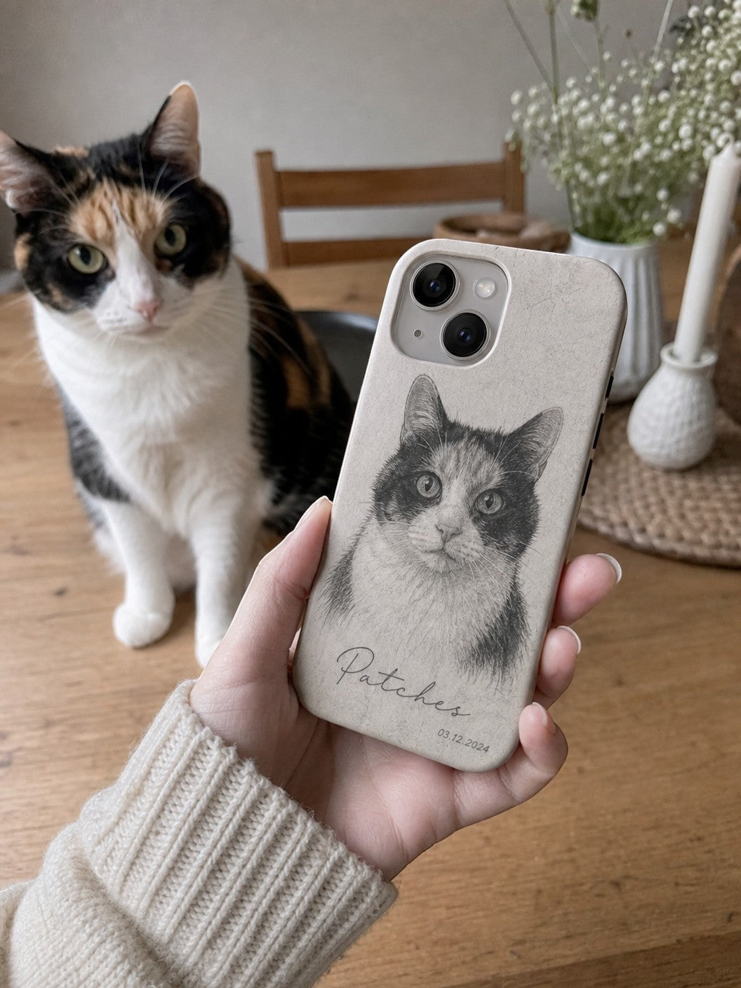 Noble&Tail personalised phone case featuring a custom pencil sketch portrait of a cat named Patches and the date 03.12.2024.