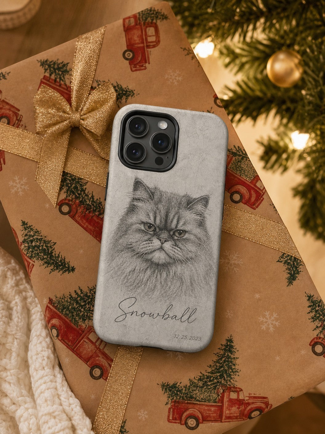 Noble&Tail custom sketch phone case featuring a Persian cat portrait, name "Snowball", and date 12.25.2023.