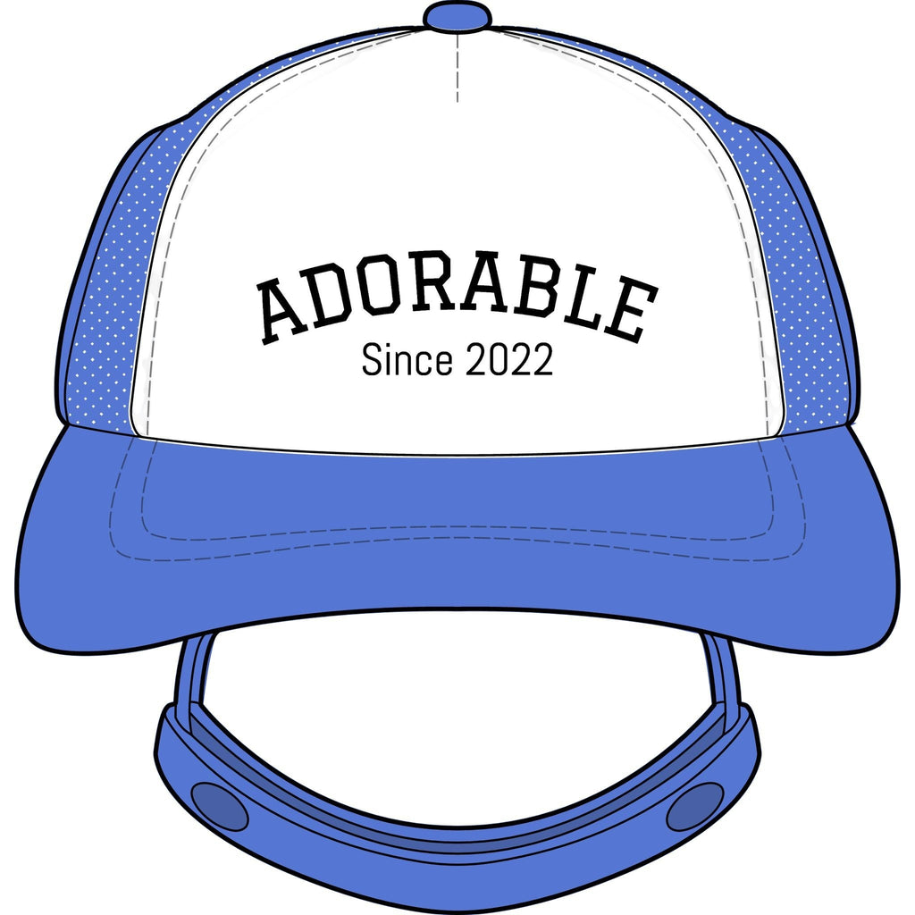 Noble&Tail blue and white trucker hat for dogs with "ADORABLE Since 2022" text and ear holes.