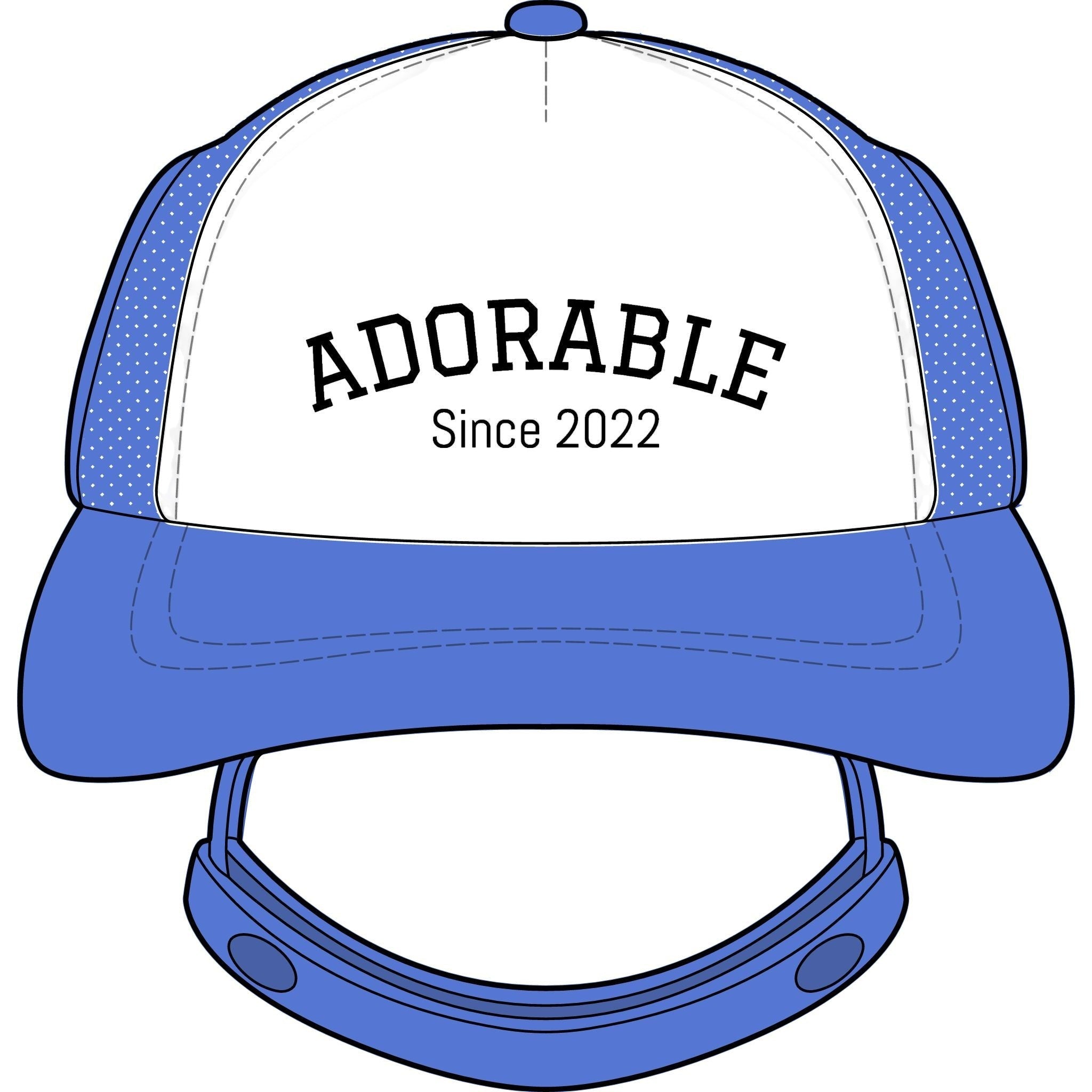 Noble&Tail blue and white trucker hat for dogs with "ADORABLE Since 2022" text and ear holes.