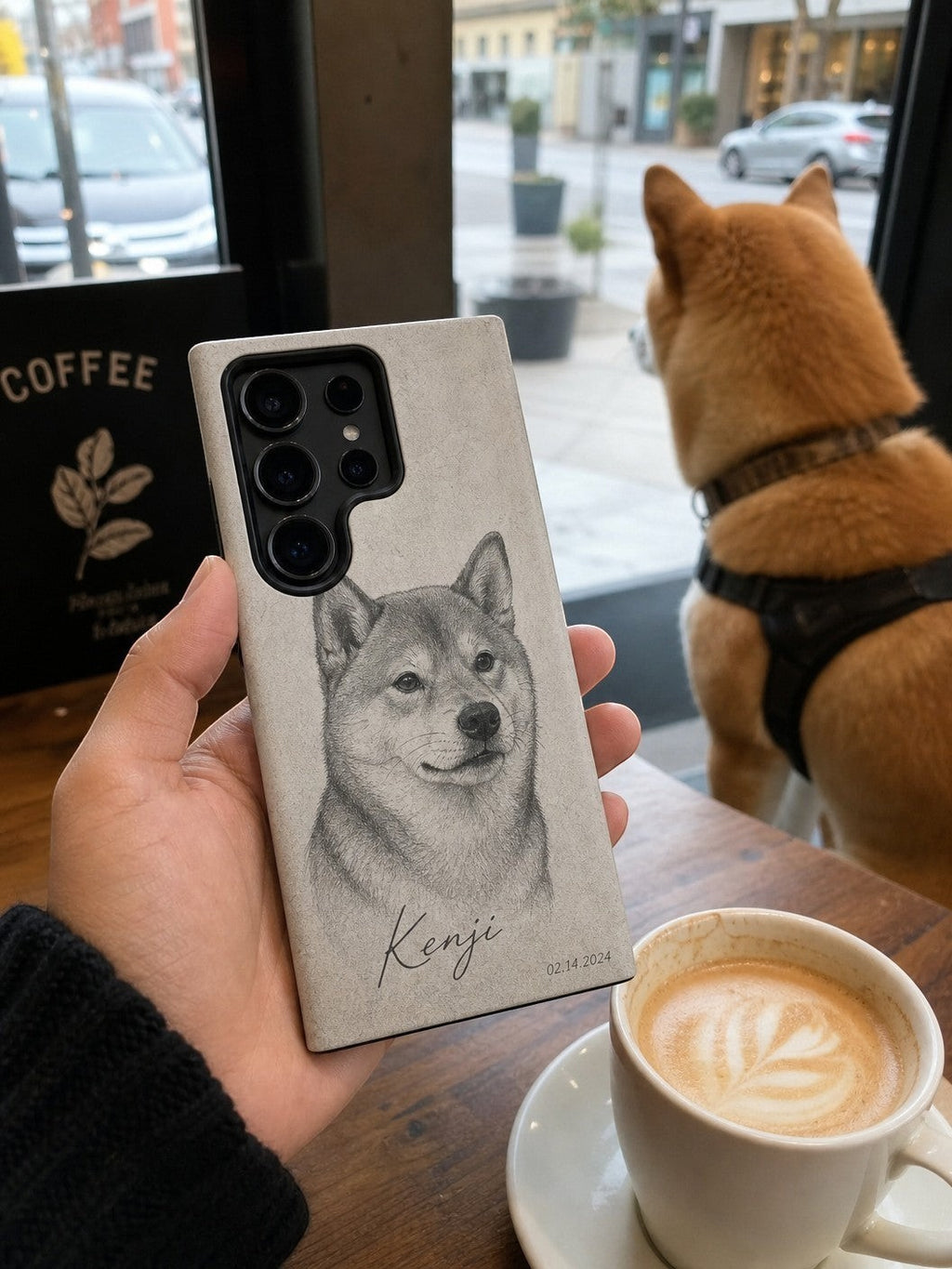 Noble&Tail personalised phone case with a custom pencil sketch portrait of a Shiba Inu named Kenji and the date 02.14.2024.