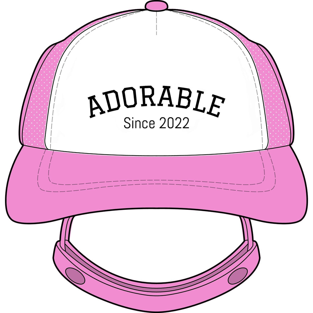 Noble&Tail pink and white trucker hat for dogs with "ADORABLE Since 2022" text and ear holes.