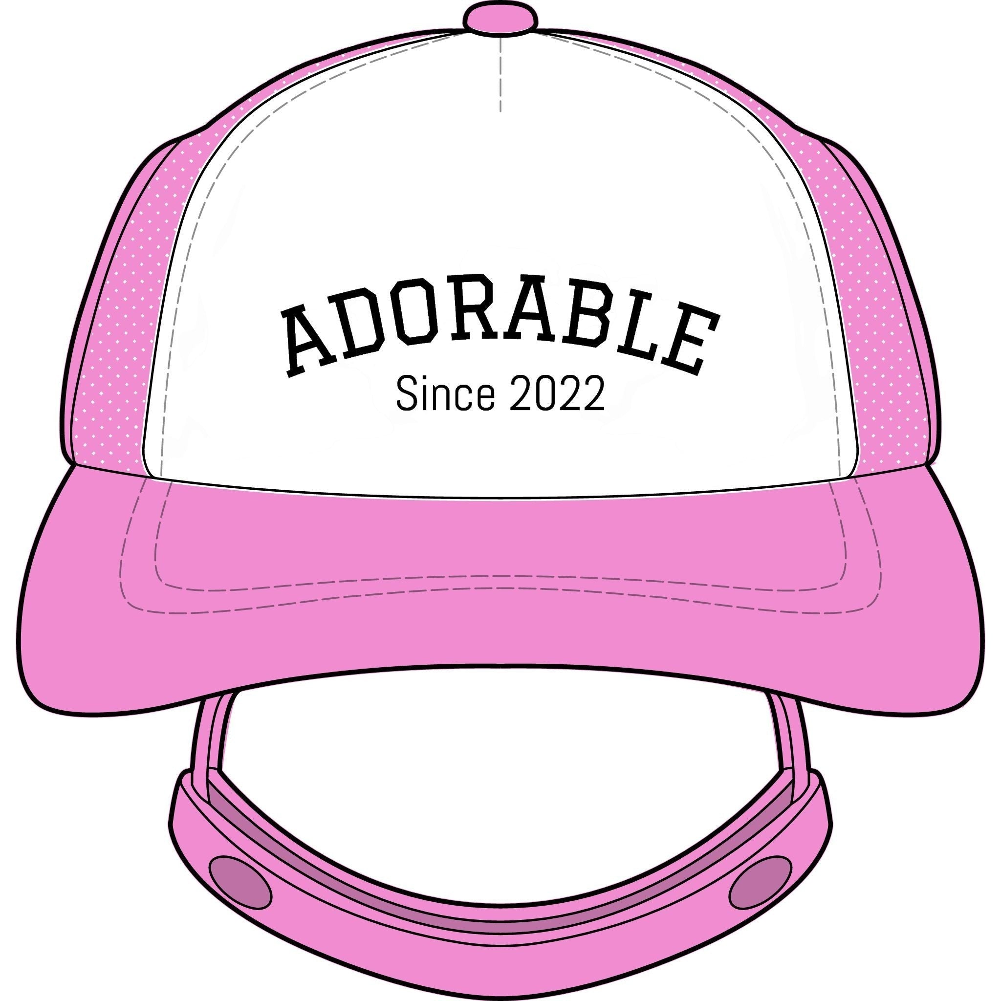 Noble&Tail pink and white trucker hat for dogs with "ADORABLE Since 2022" text and ear holes.