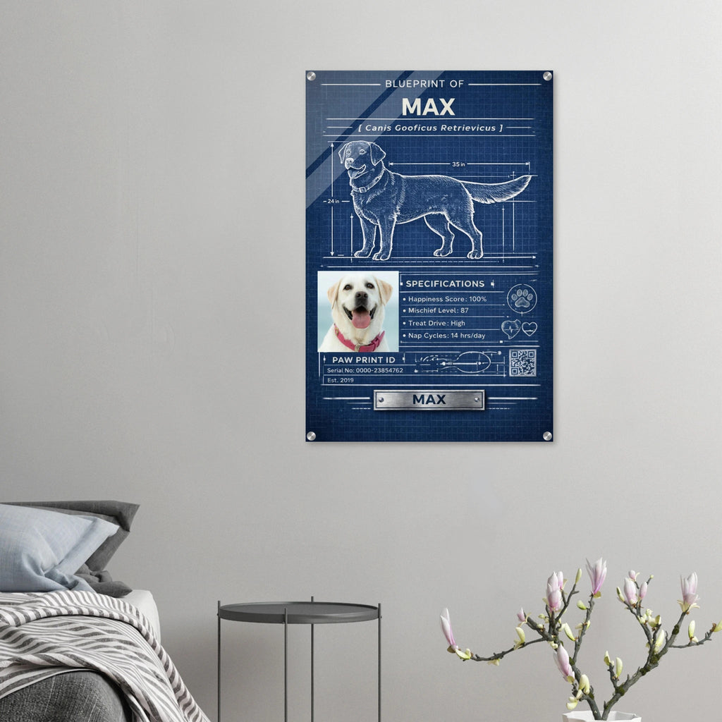 Custom Pet Blueprint Acrylic Print -Modern Personalized Pet Portrait Wall Art